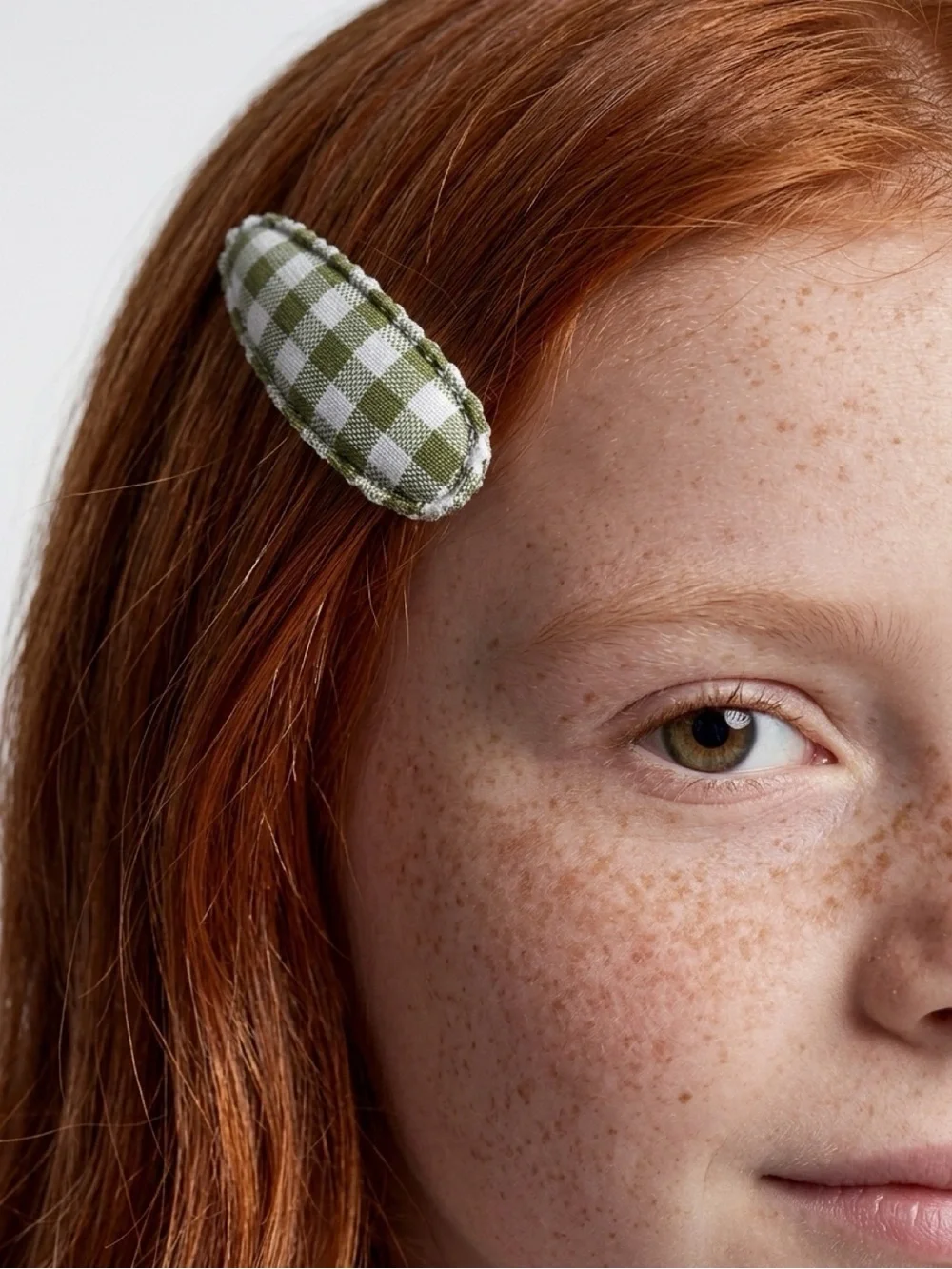 Handmade Green Gingham Fabric Snap Hair Clips Set Cottagecore